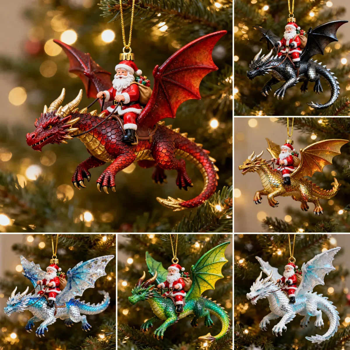 Santa Riding Dragon Christmas Ornaments 6-Piece Fantasy Collectible Set