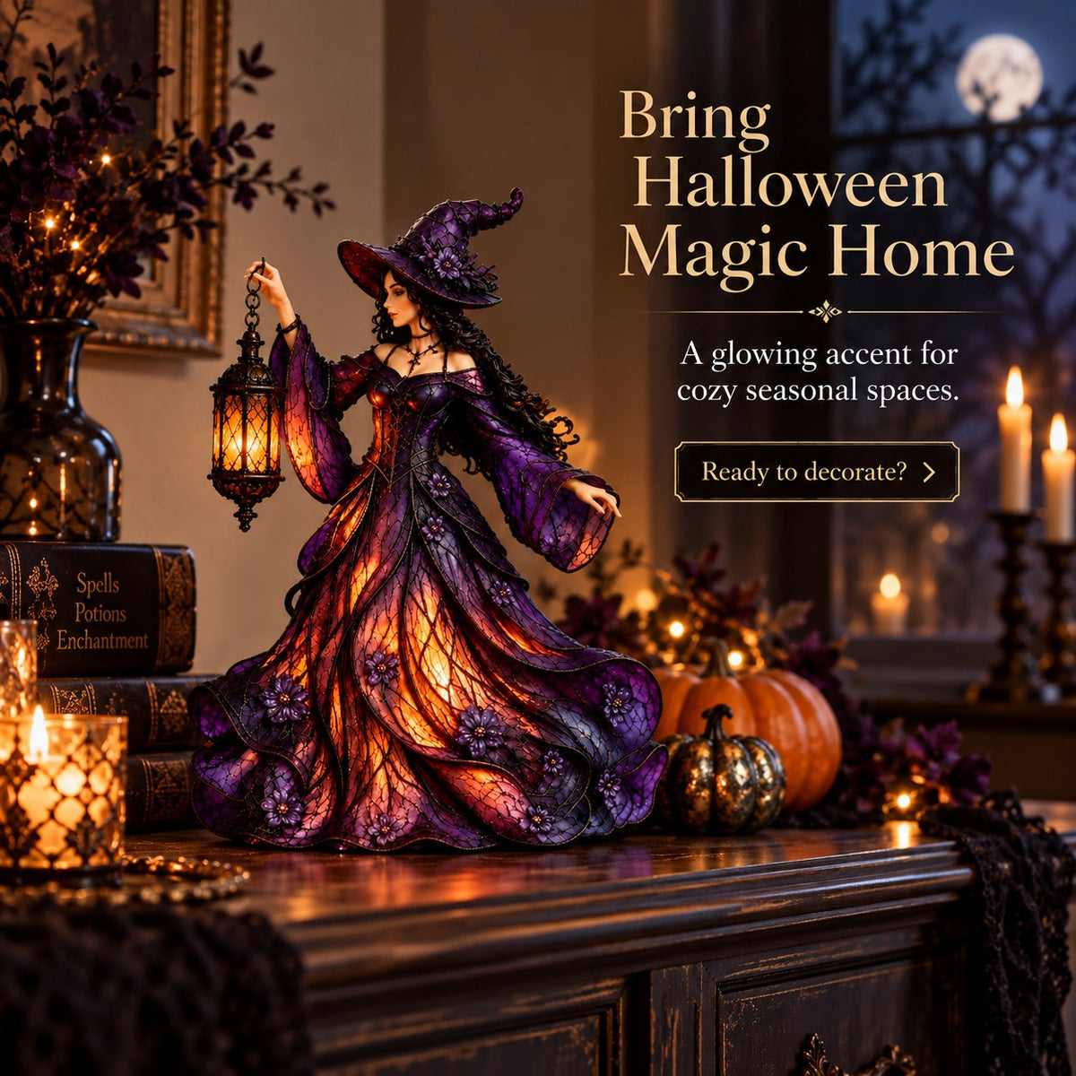 Gotische Halloween-Hexenfigur mit LED-Laterne