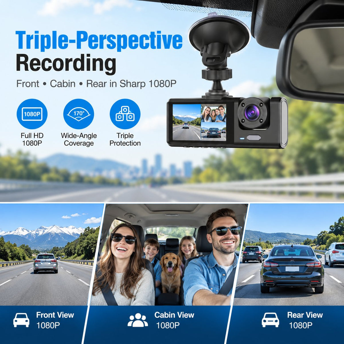 Upgraded 360 Protection Dash Cam Triple-Lens 1080P Front Cabin Rear | WiFi Phone Link Never Drive Blind Again!