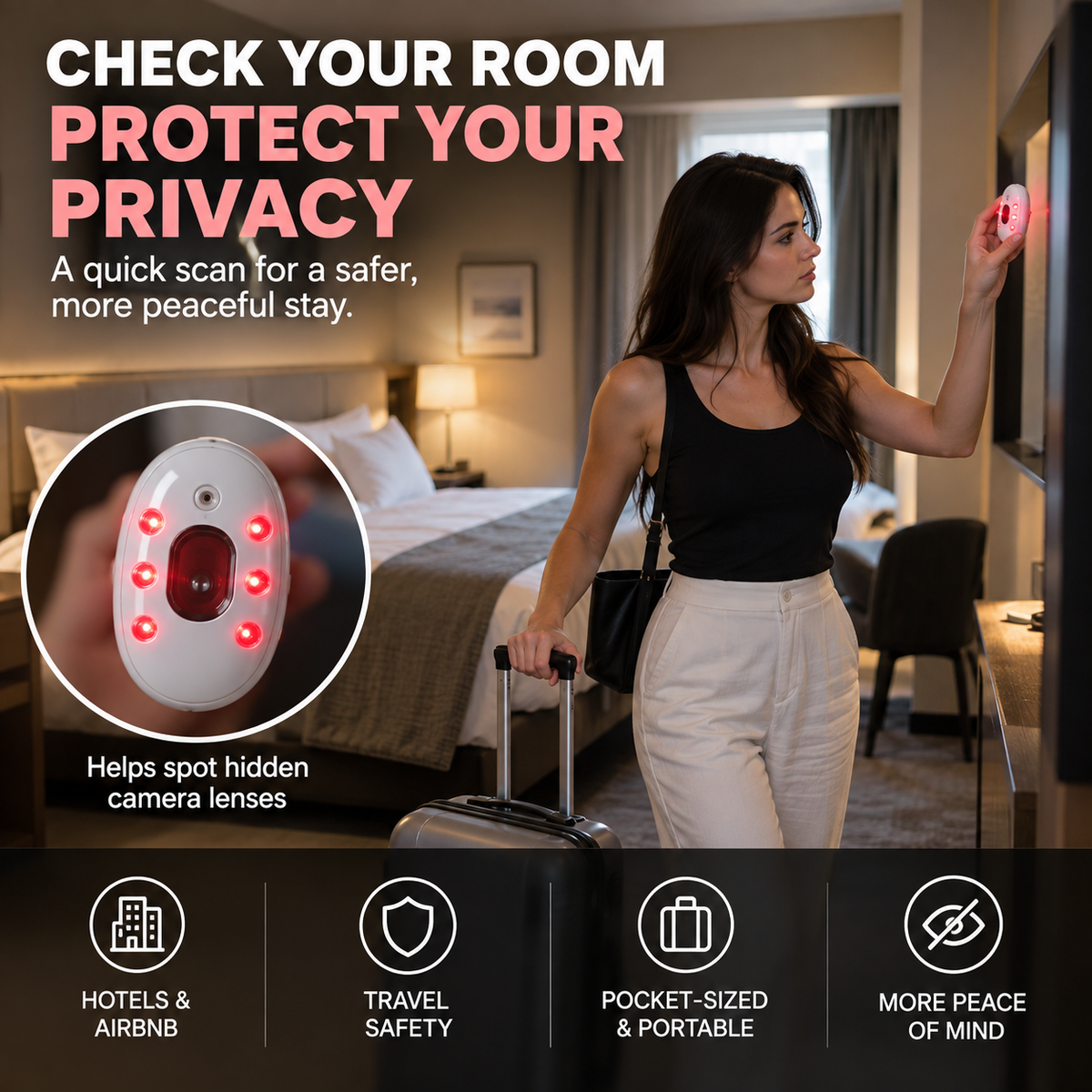 Portable Hidden Camera Detector Quick Privacy Check for Hotels, Airbnb & Travel