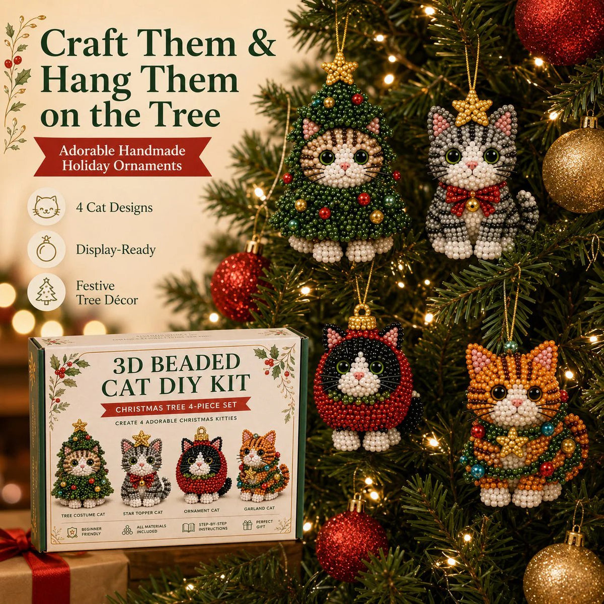 Create Your Own 3D Beaded Christmas Cats | Beginner-Friendly DIY Kit
