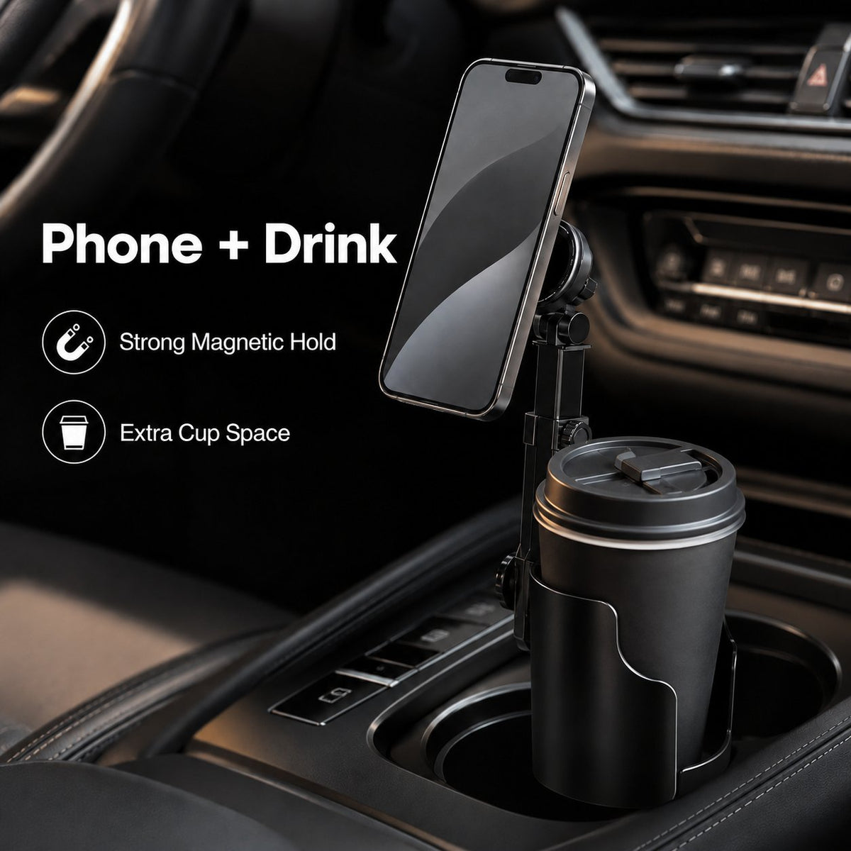 Car Cup Holder Phone Mount 360 Adjustable, Strong N52 Magnet, One-Handed Operation, Fits All Phones