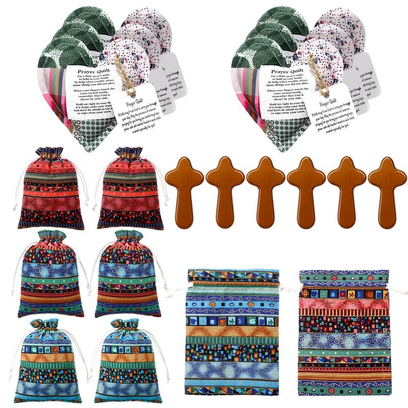 Pocket Prayer Quilt Set | Mini Handmade Prayer Blankets with Cross & Drawstring Bag Christian Gifts