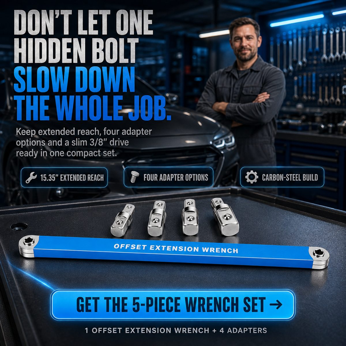3/8' Offset Extension Wrench Set Reach Tight Bolts Without Removing Parts