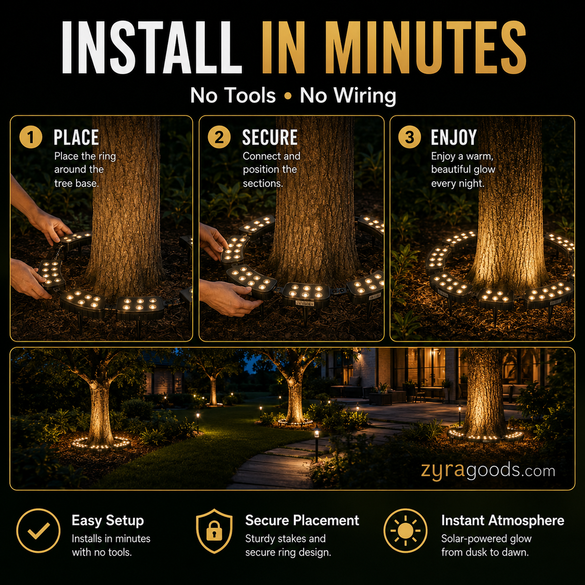Ring-Shaped Solar Tree Lights Weatherproof Outdoor Spotlights Ideal for Trees, Pillars, and Gardens