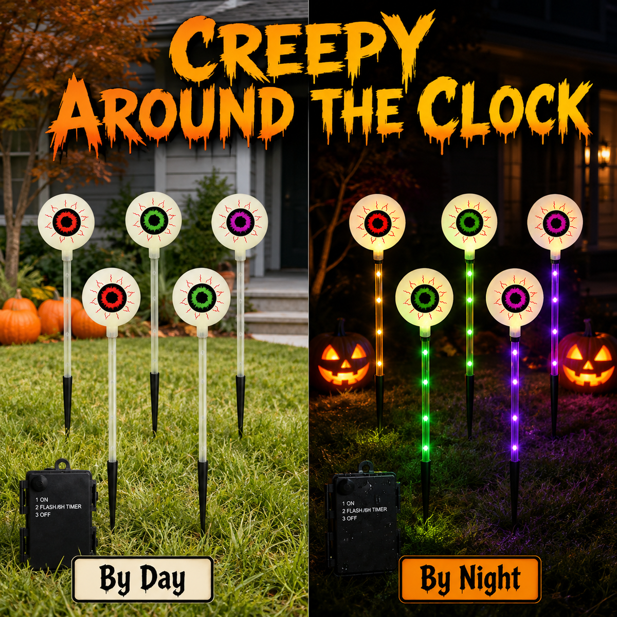Solar-Powered Halloween Eyeball Yard Lights 6-Piece Glowing Stake Set