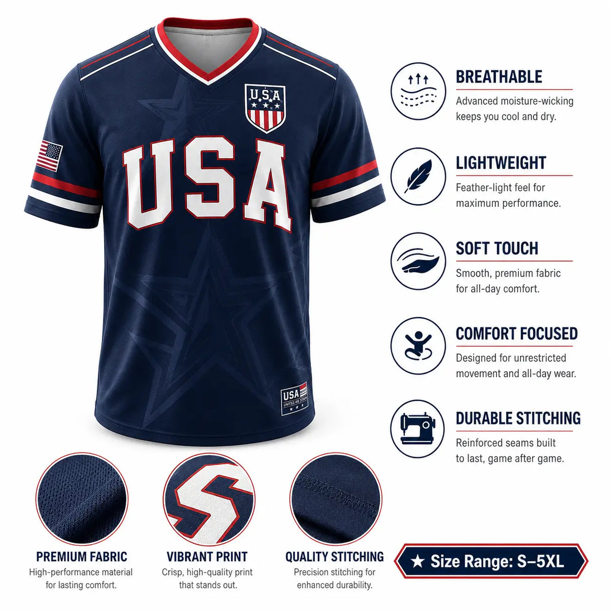 USA Liberty Soccer Jersey Patriotic American Flag V-Neck Football Shirt