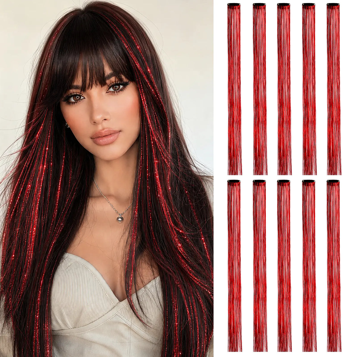 2 PCS Colored Hair Extensions 20Inch Straight Color Clip in Hair Extension Rainbow Party Highlights Synthetic Hairpiece