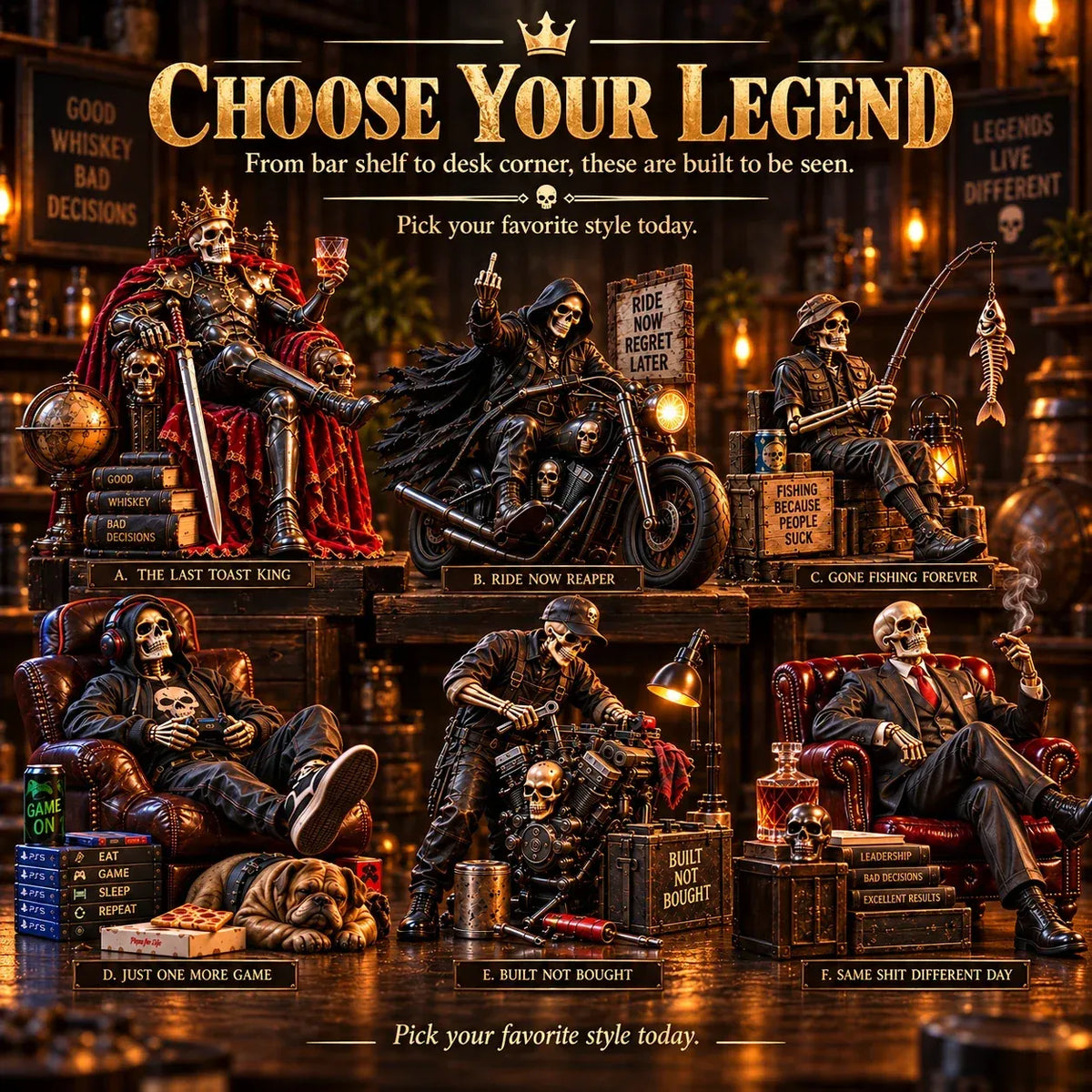 Bad to the Bone 6 Dark Humor Skeleton Collectibles for Men, Man Cave Decor & Unique Gifts