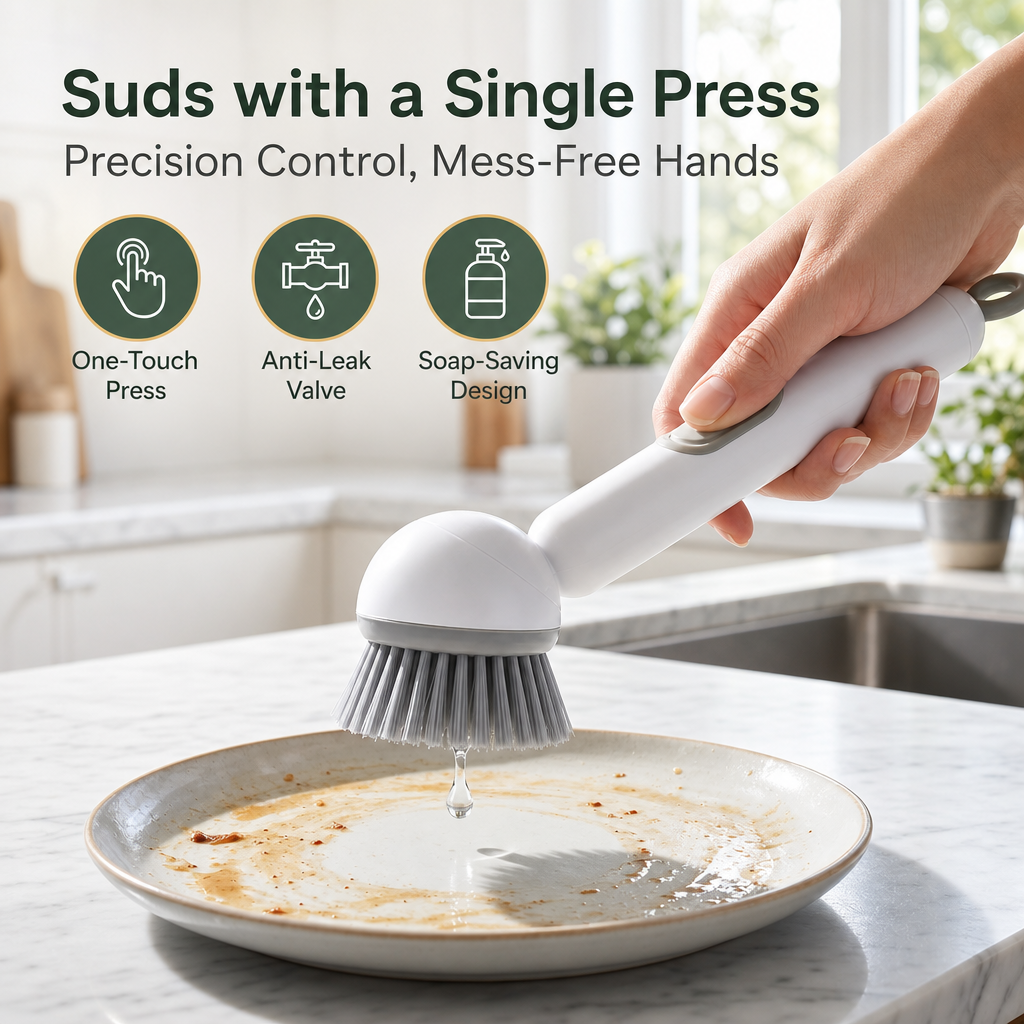 360 Rotating Soap Dispensing Dish Brush with Interchangeable Heads