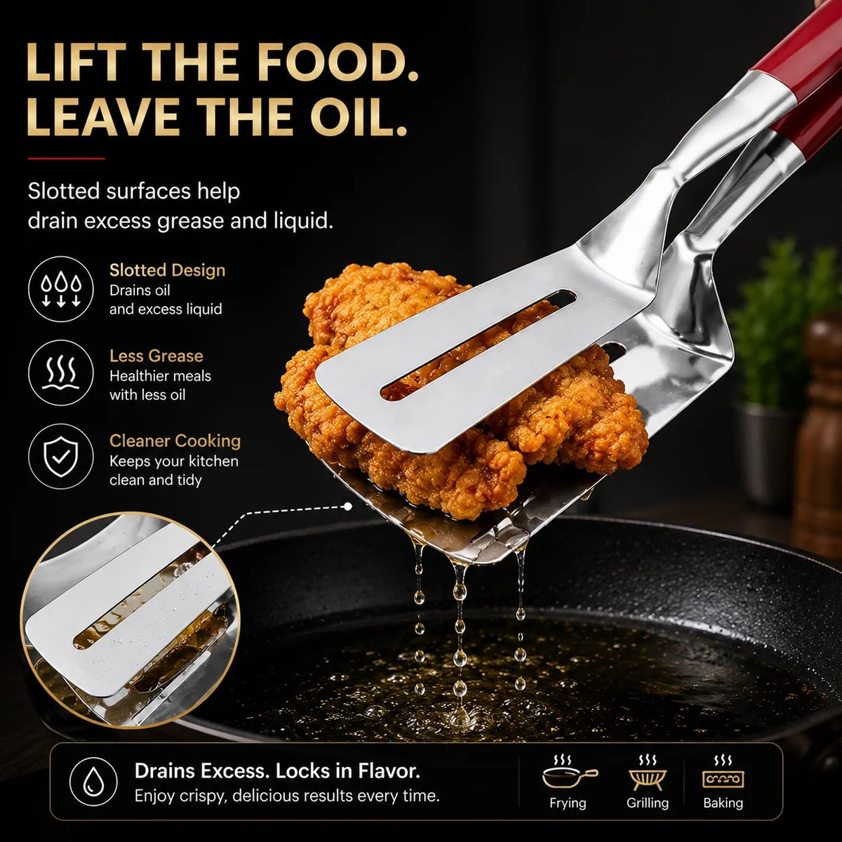 2-in-1 Stainless Steel Spatula Tongs Grip, Flip & Serve