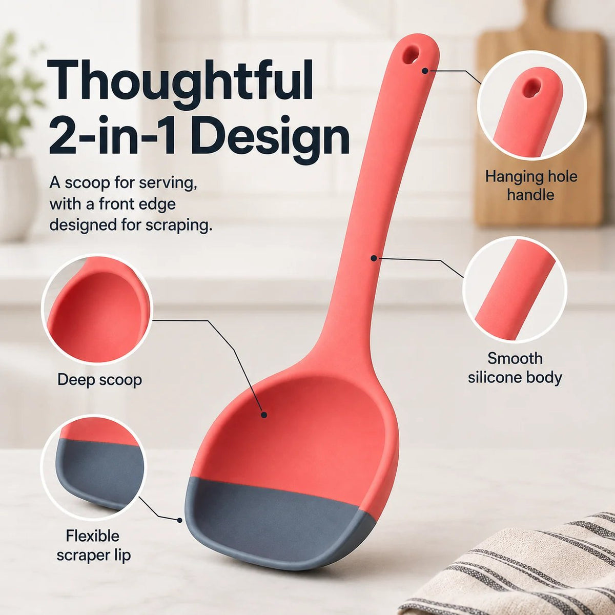 2-in-1 Silicone Scoop & Scraper Spoon Multi-Purpose Cooking & Serving Utensil