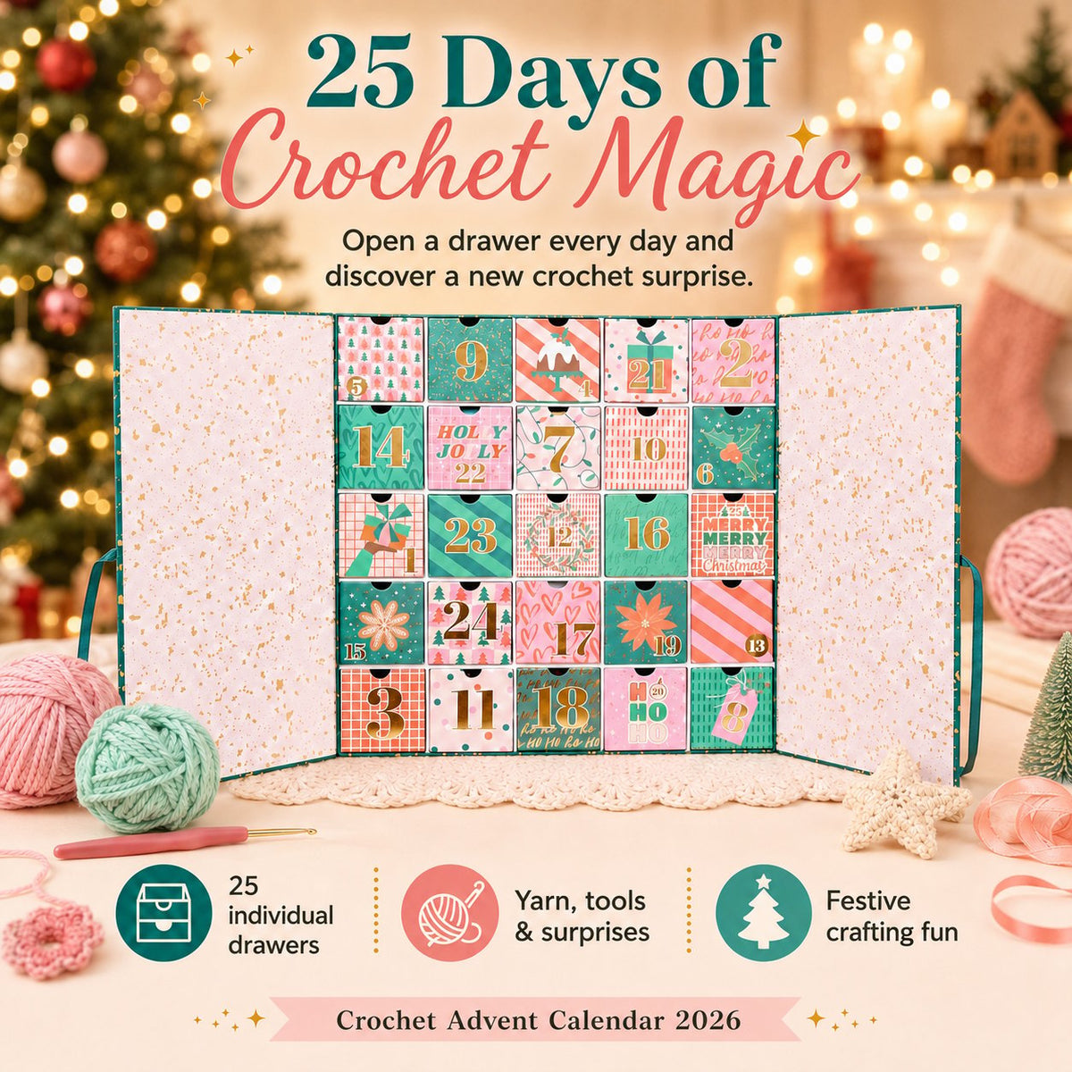 25 Days of Crochet Magic Advent Calendar 2026 with Yarn, Tools & Creative Surprises ( Same as in the video)