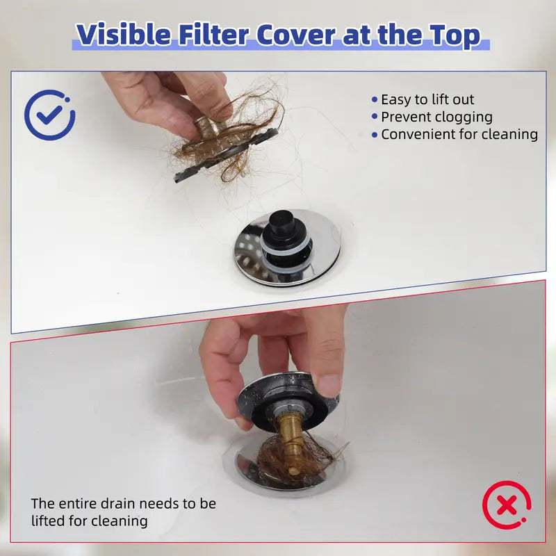 3-in-1 Pop-Up Sink Stopper Hair Catcher, Drain Protector & Water Stopper | Universal Chrome Fit