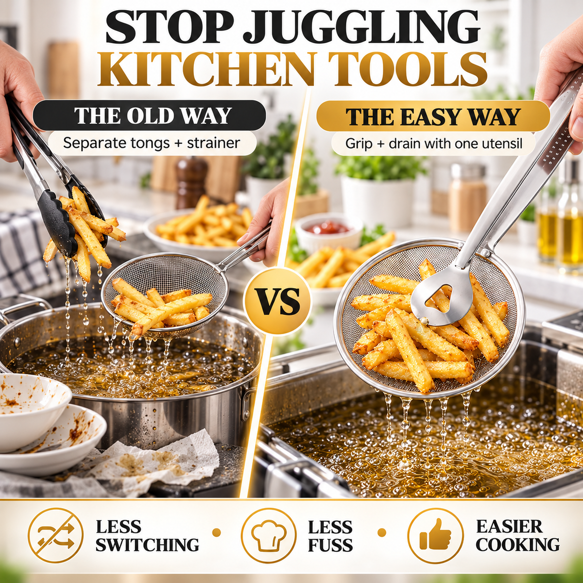 2-in-1 Spider Strainer Tongs Stainless Steel Frying & Draining Tool