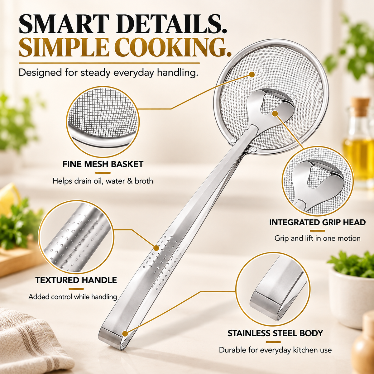2-in-1 Spider Strainer Tongs Stainless Steel Frying & Draining Tool