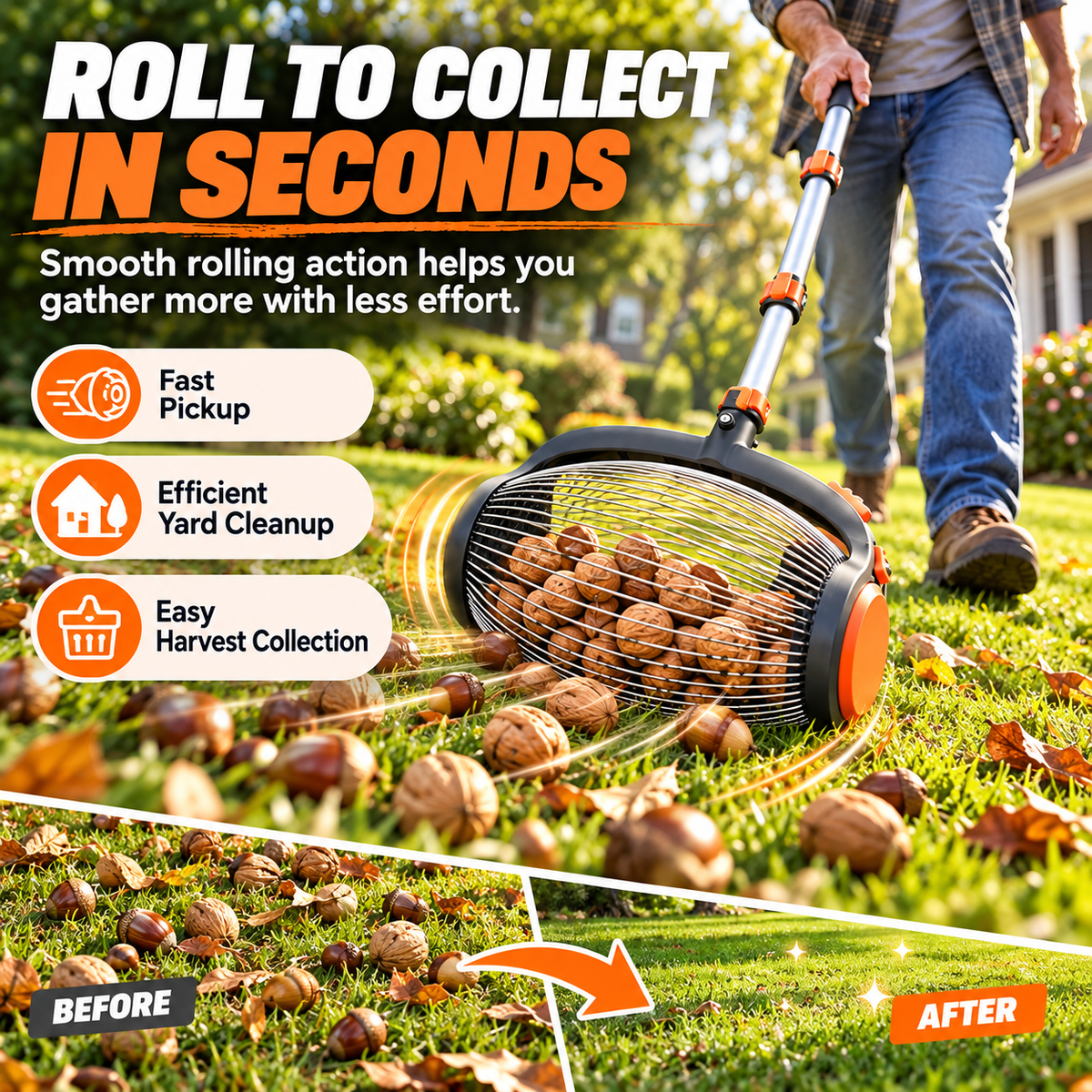 Telescopic Nut Picker with Foot Release Rolling Collector for Walnuts, Acorns & Pinecones, Yard Cleaning Tool