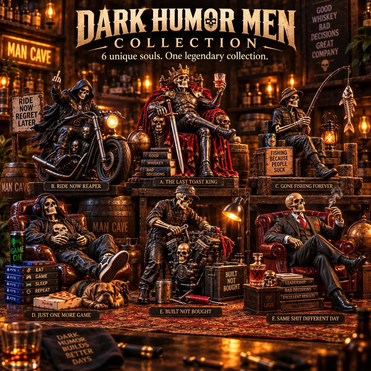 Bad to the Bone 6 Dark Humor Skeleton Collectibles for Men, Man Cave Decor & Unique Gifts