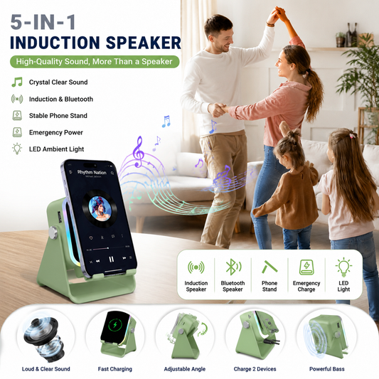 5-in-1 Smart Wireless Bluetooth Speaker Auto Phone Playback, RGB Light, Adjustable Stand & Power Bank