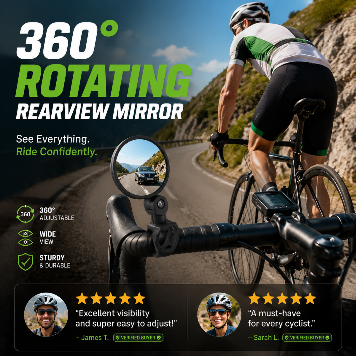 2026! 360 Rotating Rearview Mirror Clear view behind, no more neck twisting. Fits bikes
