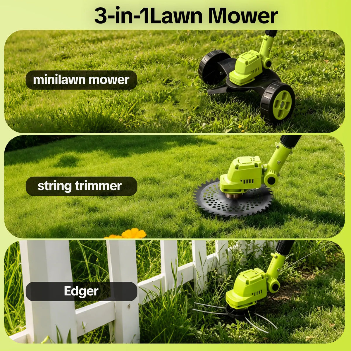 21V 3-in-1 Cordless String Trimmer, Edger & Mini Mower 2 Batteries Included