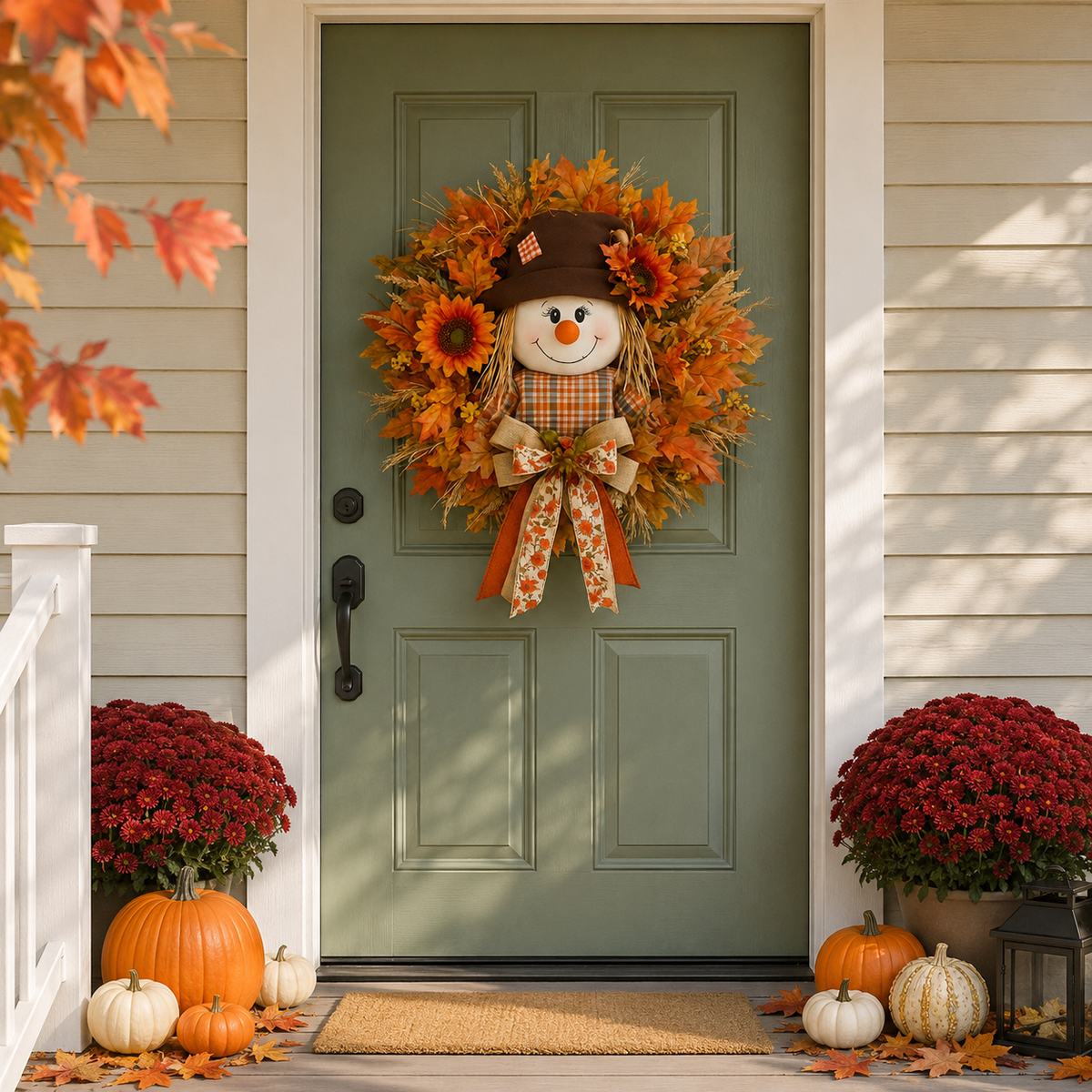 Fall Favorite Lighted Scarecrow Front Door Wreath