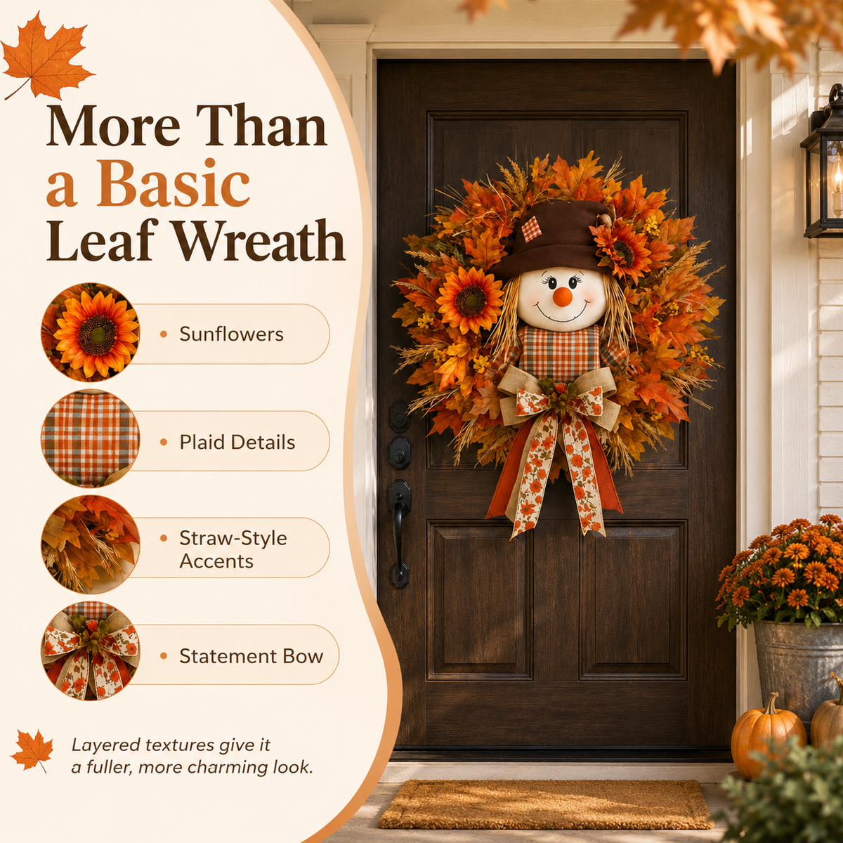 Fall Favorite Lighted Scarecrow Front Door Wreath