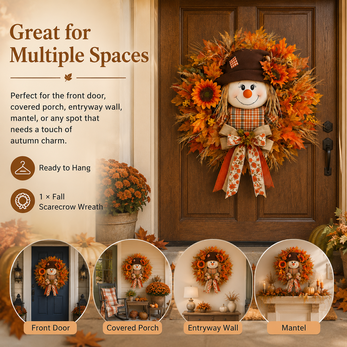 Fall Favorite Lighted Scarecrow Front Door Wreath