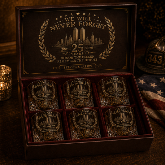 9/11 25th Anniversary Memorial Whiskey Decanter & Glass Gift Set We Will Never Forget 343 Heroes Tribute