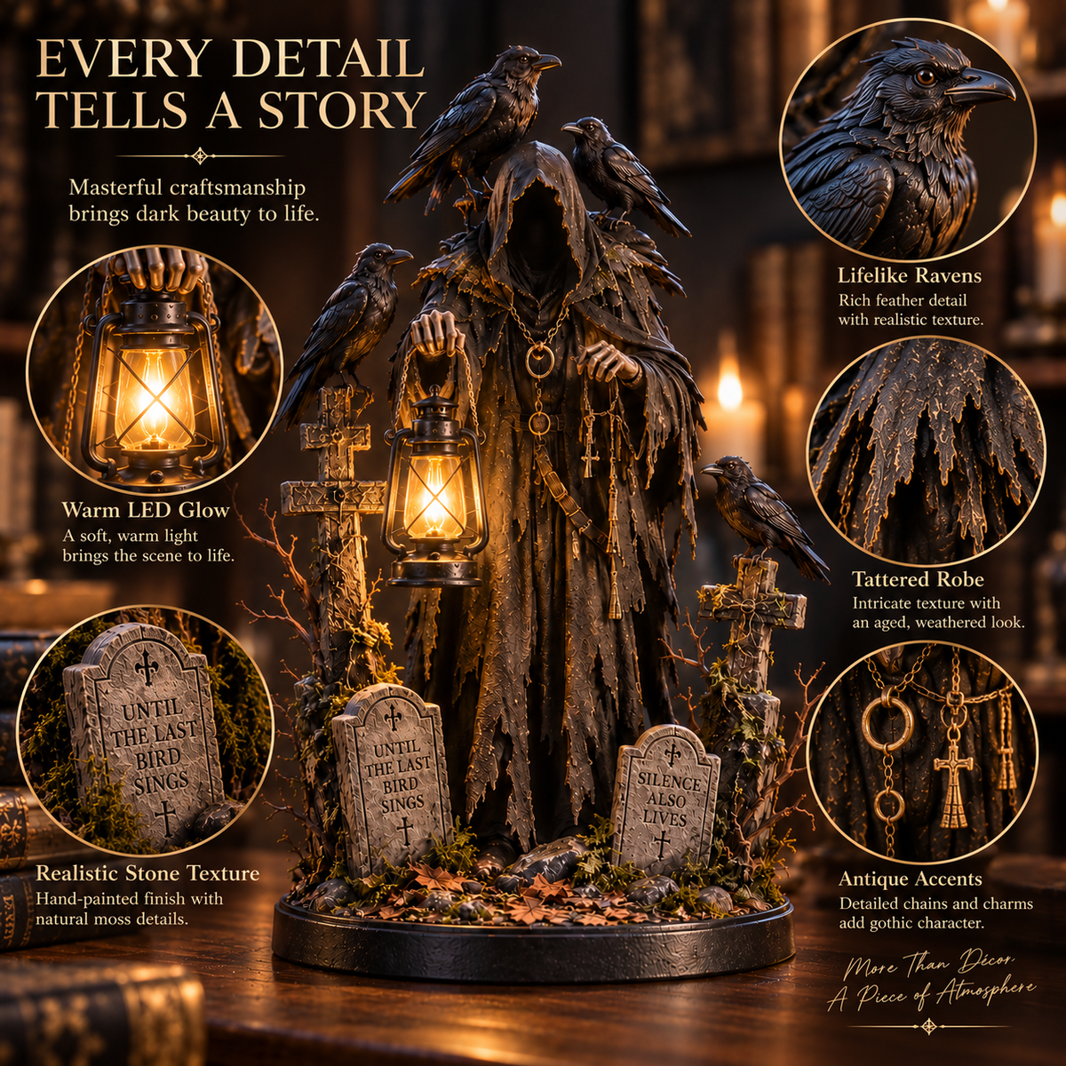 Keeper of the Last Light | Lighted Raven Guardian Gothic Statue