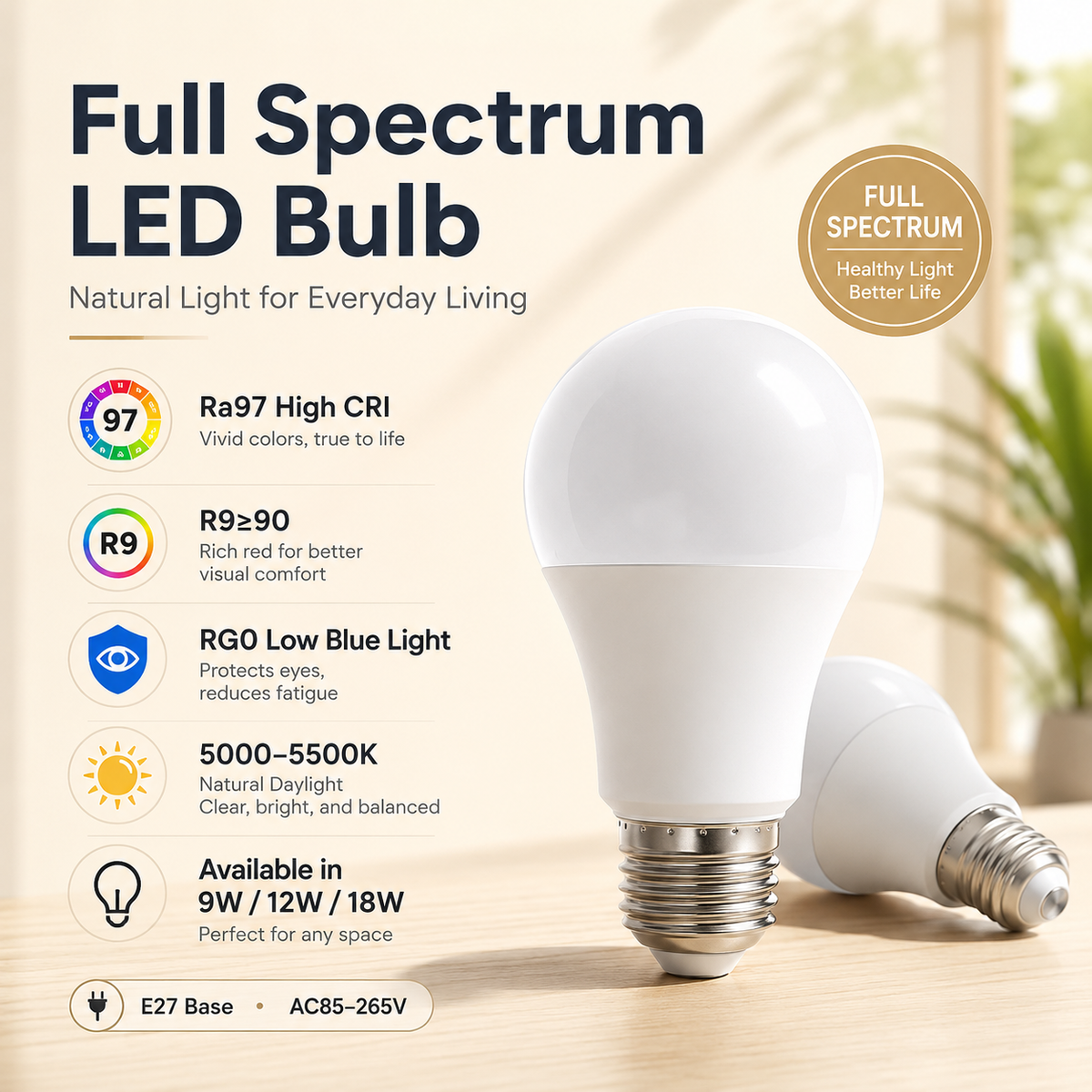 Ra97 Full Spectrum LED Bulb Natural Sunlight For Bright & Healthy Living Space