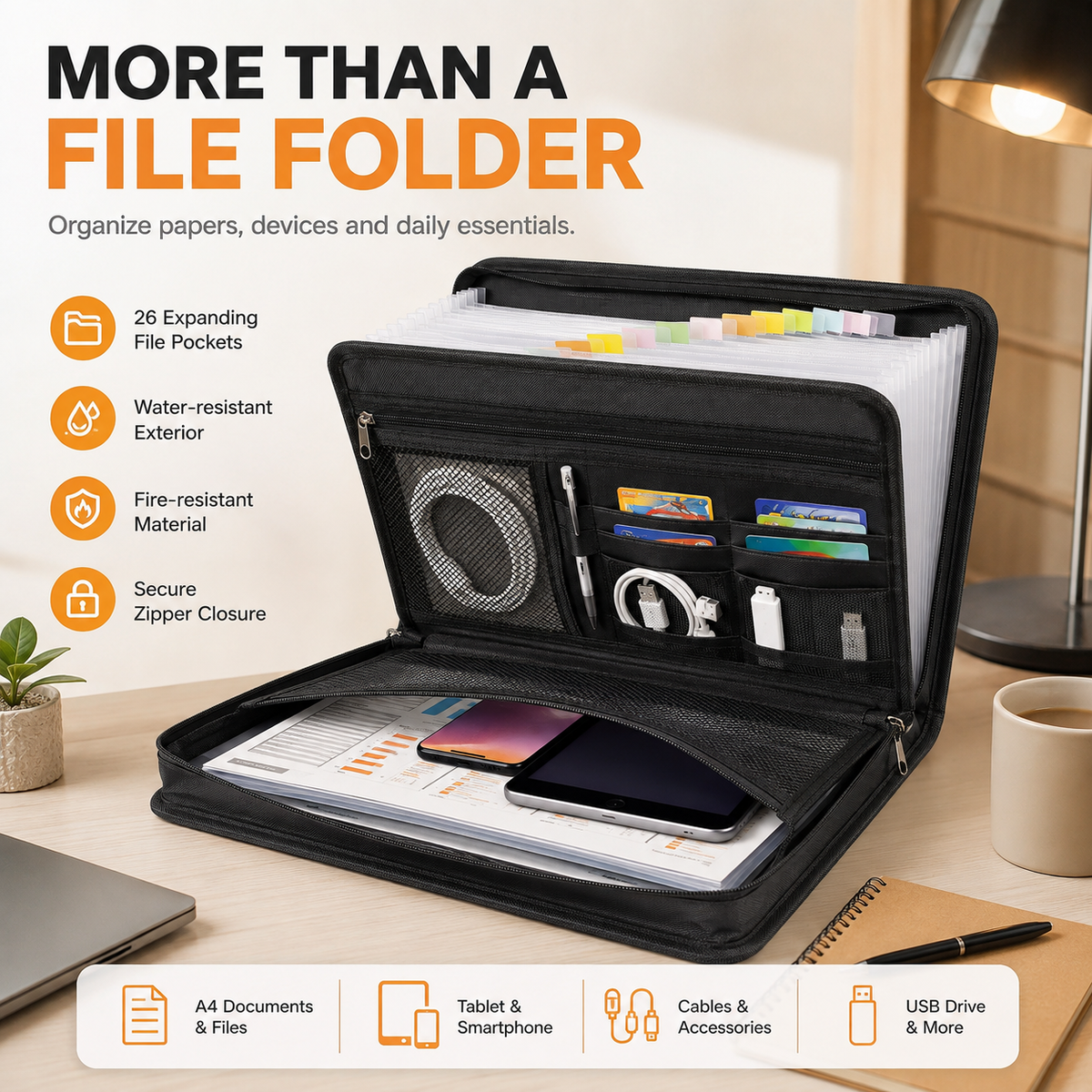 13-Pocket Fireproof & Waterproof Expanding File Organizer with Handle Large Capacity Accordion Document Folder