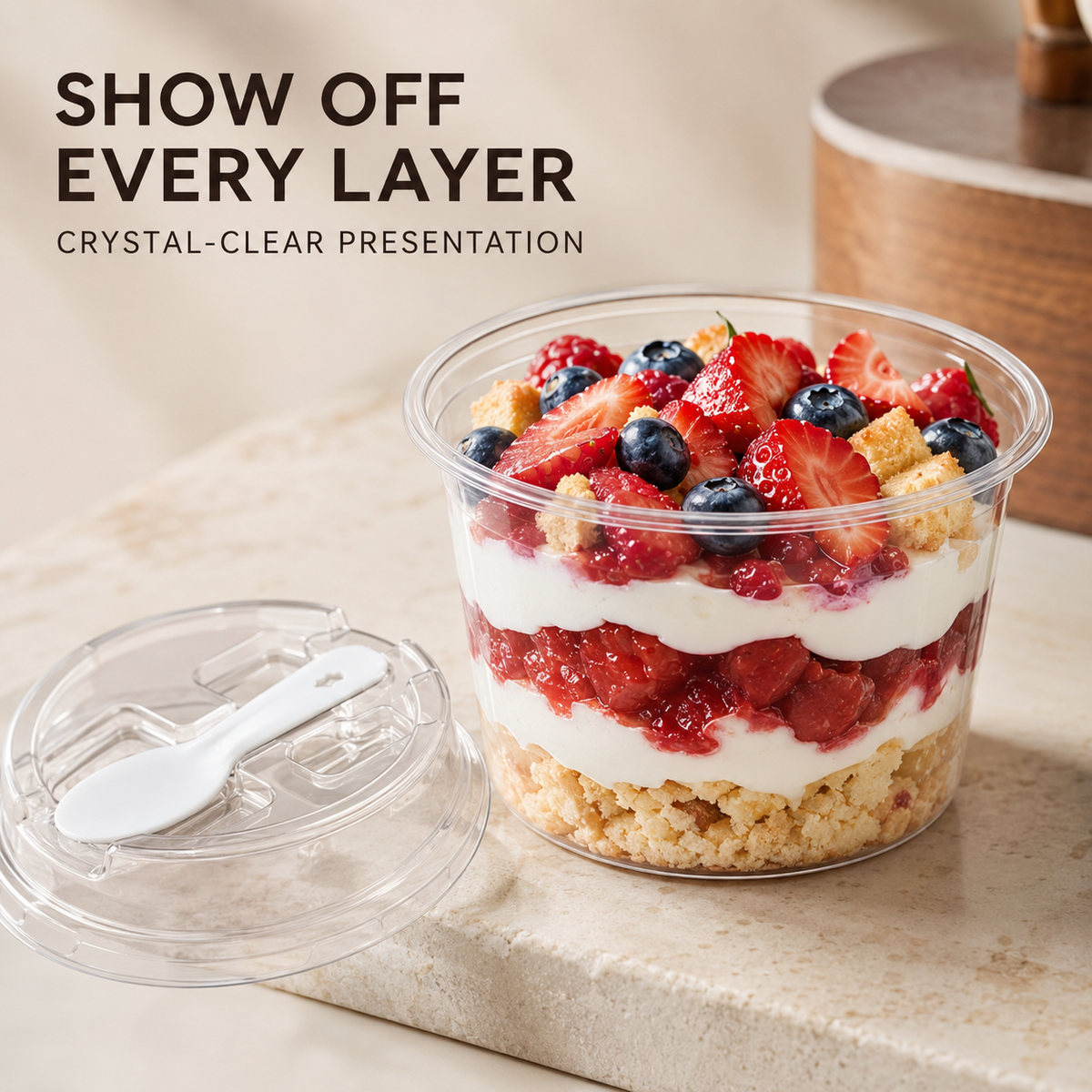20/50 Sets Round Transparent Plastic Lidded Packaging Boxes with Spoons, Ideal for Cookies, Fruit Ice Cream