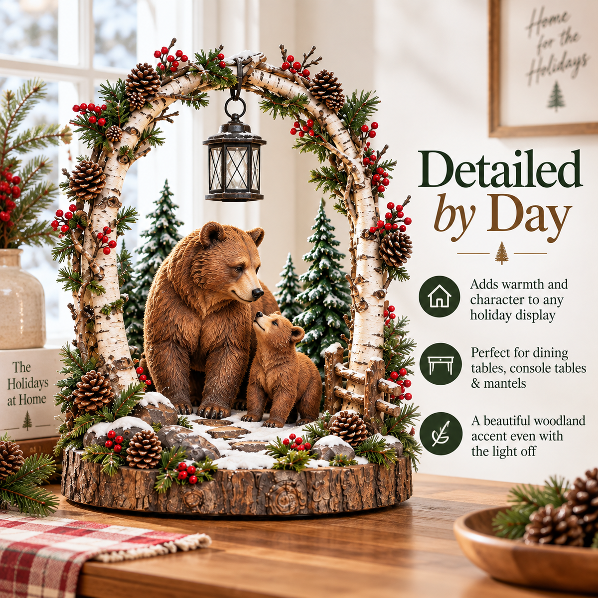 Woodland Bear Family Lantern Lighted Christmas Forest Tabletop Decor
