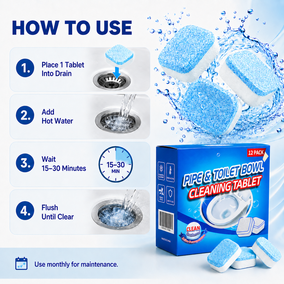 Drain Cleaning Tablets 12 Pack For Sinks, Showers & Washing Machines