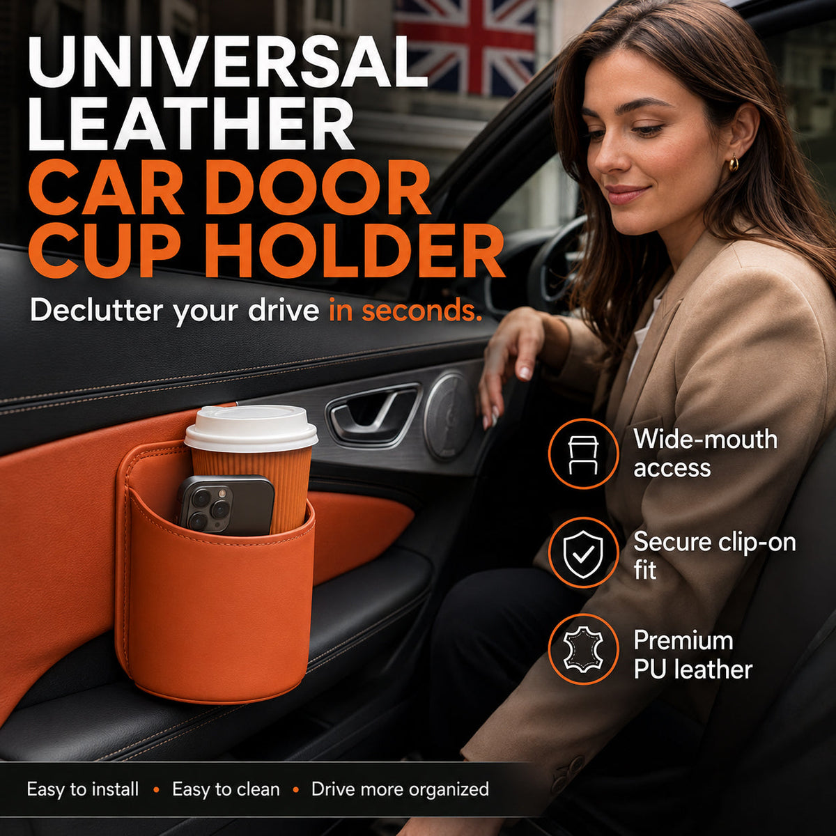 Leather Car Door Cup Holder Wide mouth opening, easy reach for drinks & phone