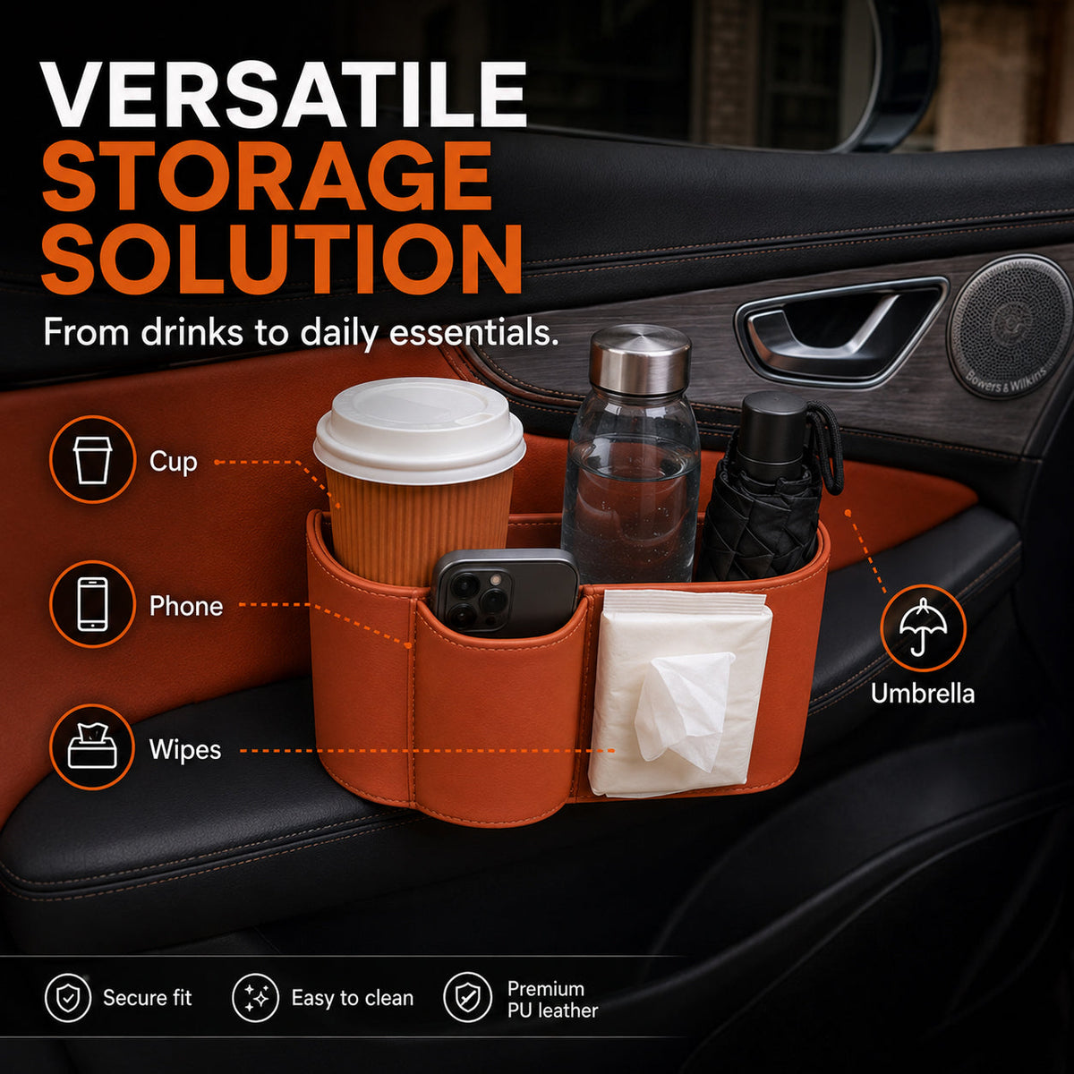 Leather Car Door Cup Holder Wide mouth opening, easy reach for drinks & phone