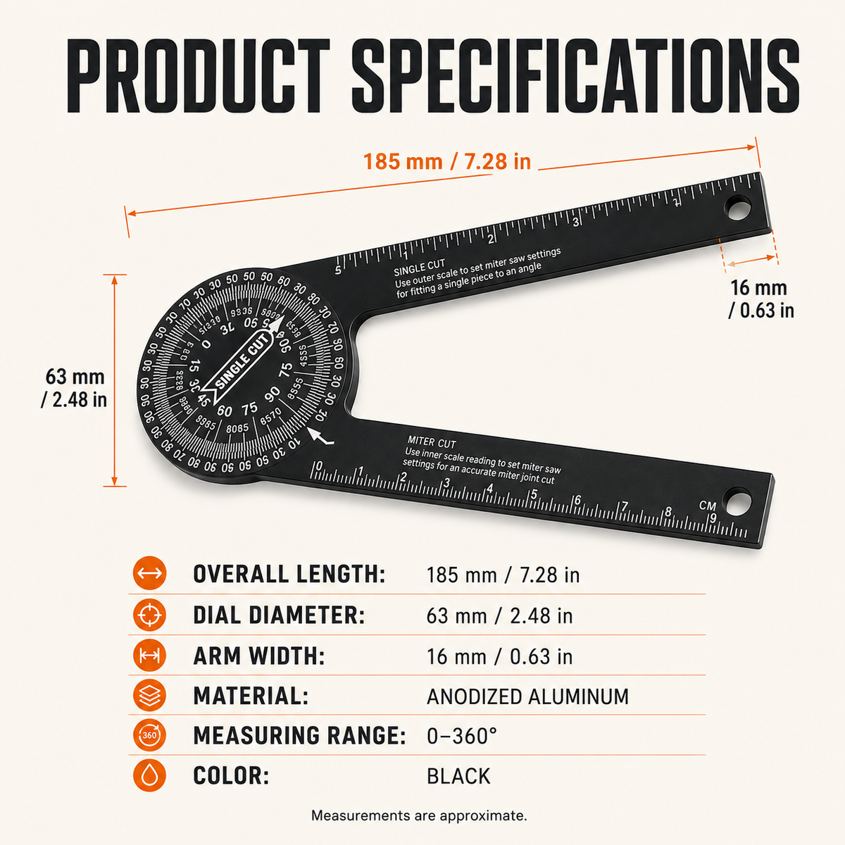 7.28" Aluminum 360 Miter Saw Protractor Precision Angle Finder & Ruler for Woodworking, Crown Molding & Carpentry