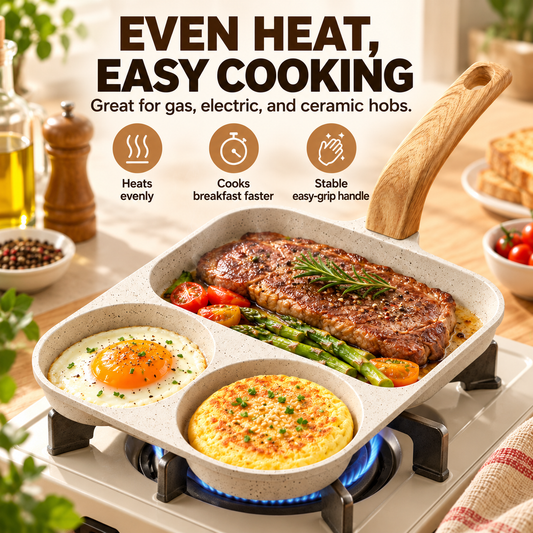 3-In-1 Split Non-Stick Frying Pan - Divided Breakfast Skillet for Eggs & Burgers