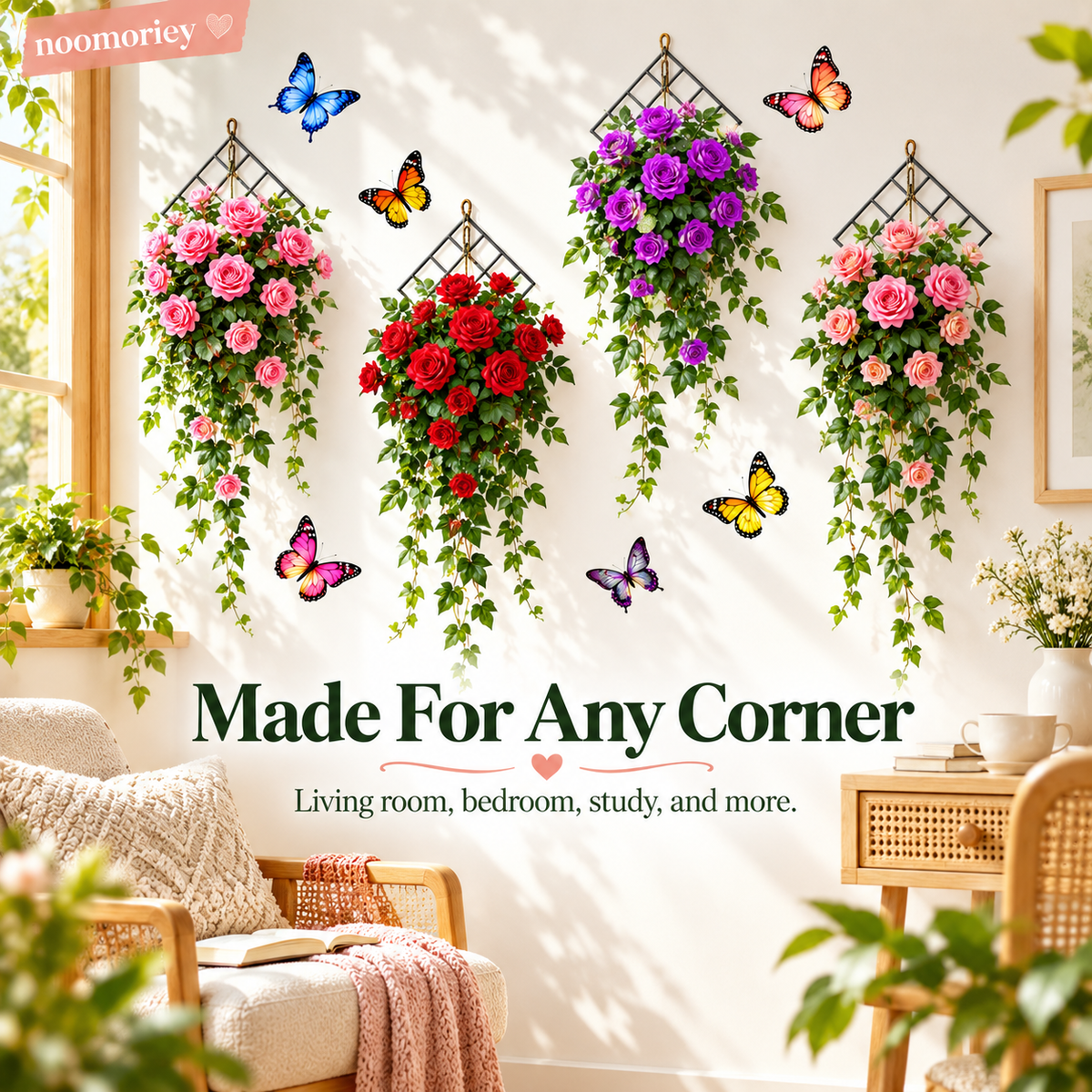 3D Rose Vine Wall Decals Self-Adhesive Floral Wall Stickers for Bedroom & Living Room Decor