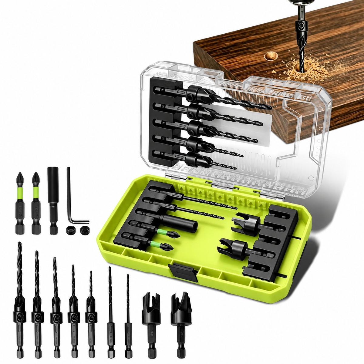 15-Piece Countersink Drill Bit Set 1/4' Hex Shank, Depth Stop & Quick-Change Design