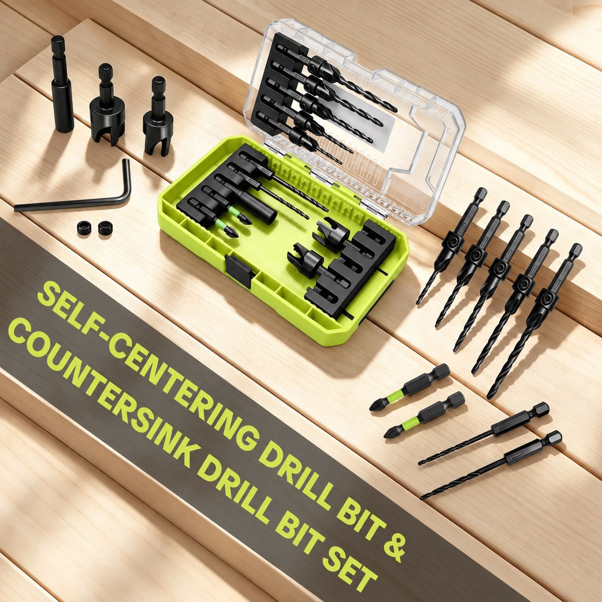 15-Piece Countersink Drill Bit Set 1/4' Hex Shank, Depth Stop & Quick-Change Design
