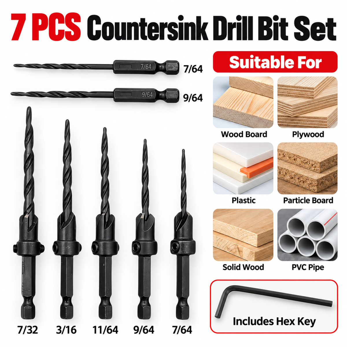 15-Piece Countersink Drill Bit Set 1/4' Hex Shank, Depth Stop & Quick-Change Design