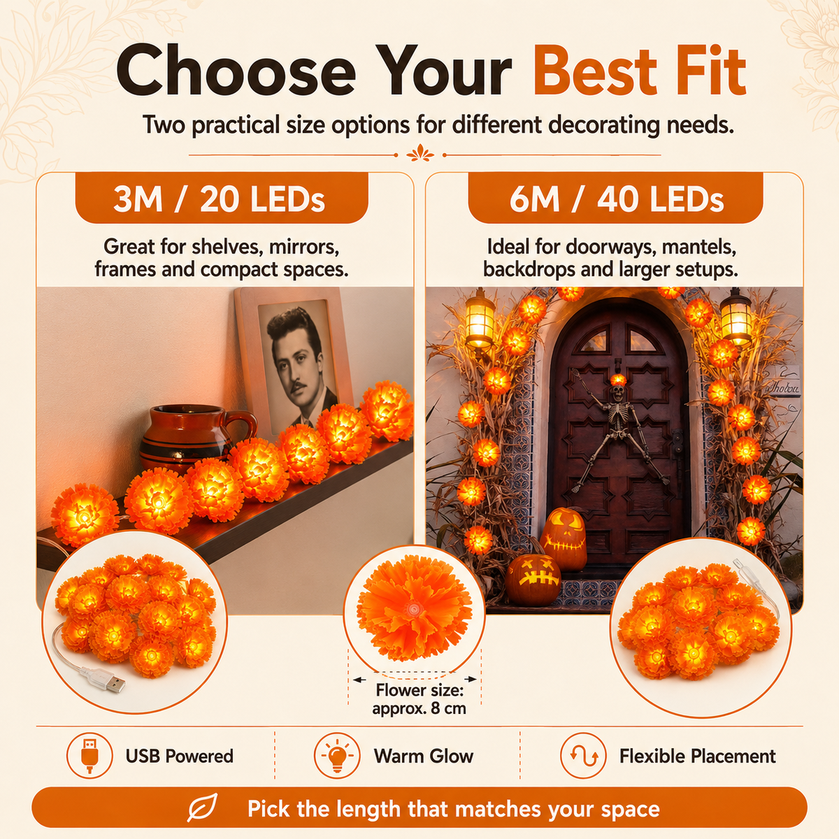 USB Charging Lighted Marigold Garland