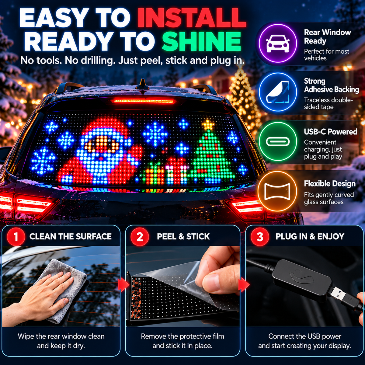 Smart LED Pixel Car Display App-Controlled Custom Text, Colors & Animations!