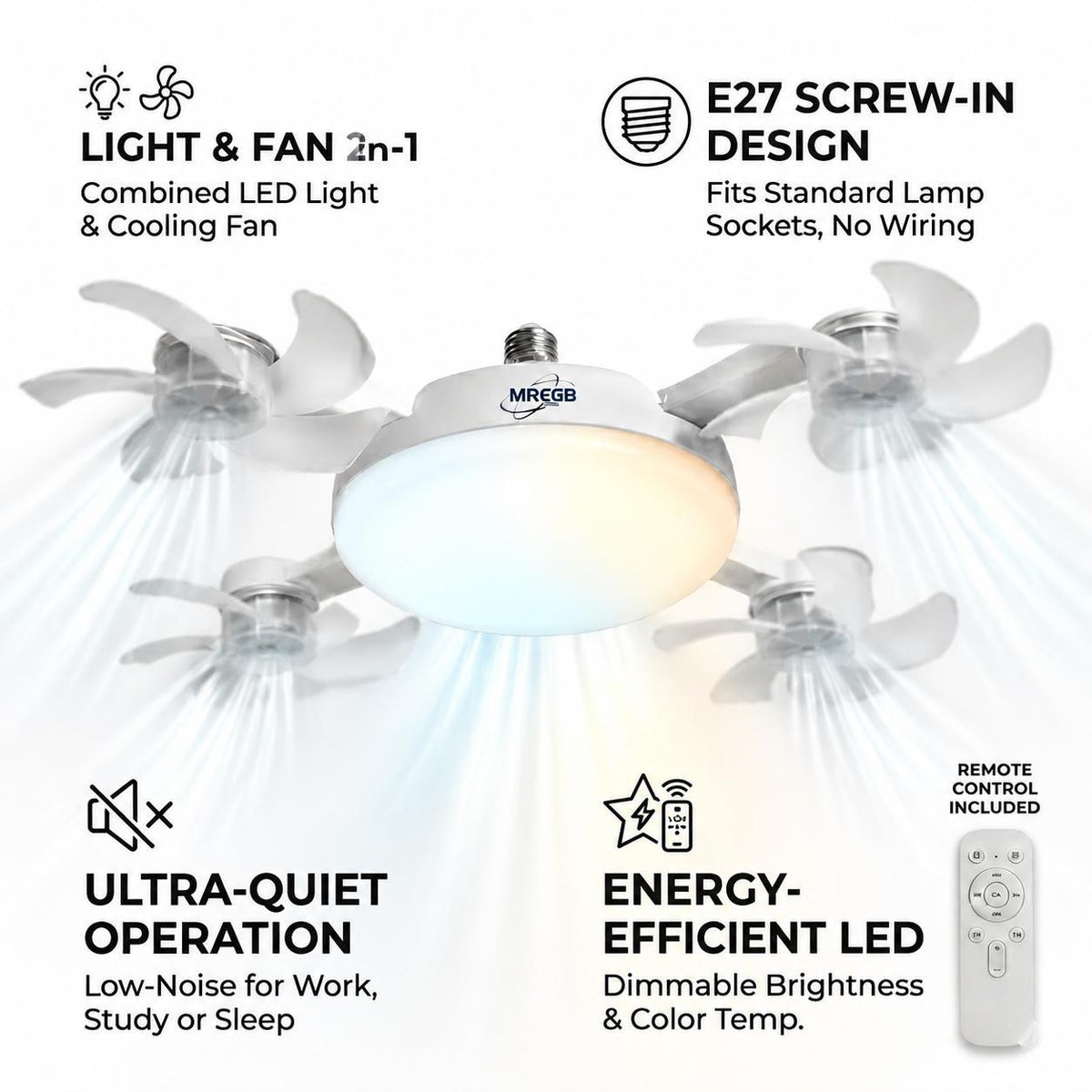 2026 E27 Socket Ceiling Fan Light - 2-in-1 Silent LED Fan with Remote Control
