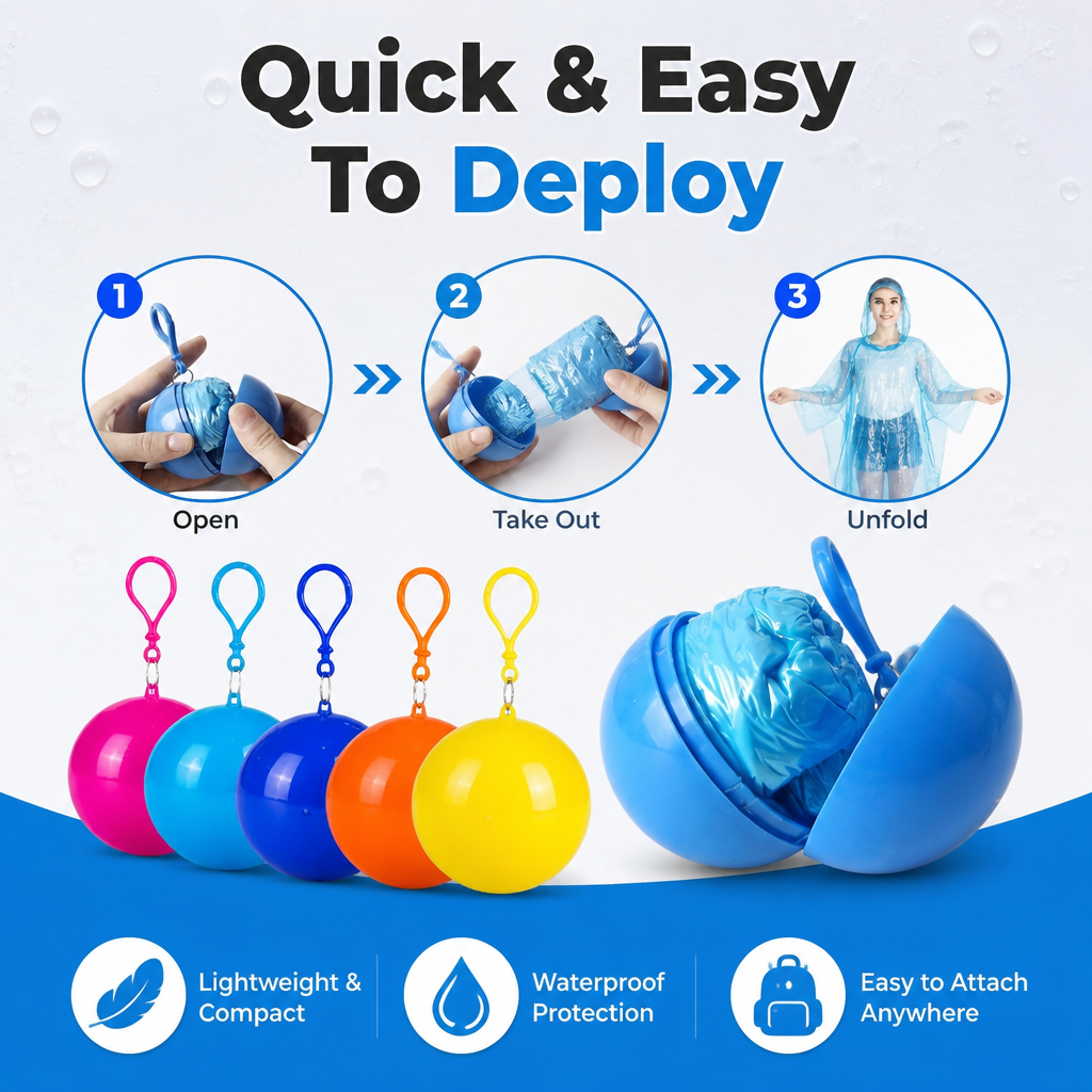 Compact Emergency Rain Poncho Ball Clip-On Disposable Waterproof Poncho