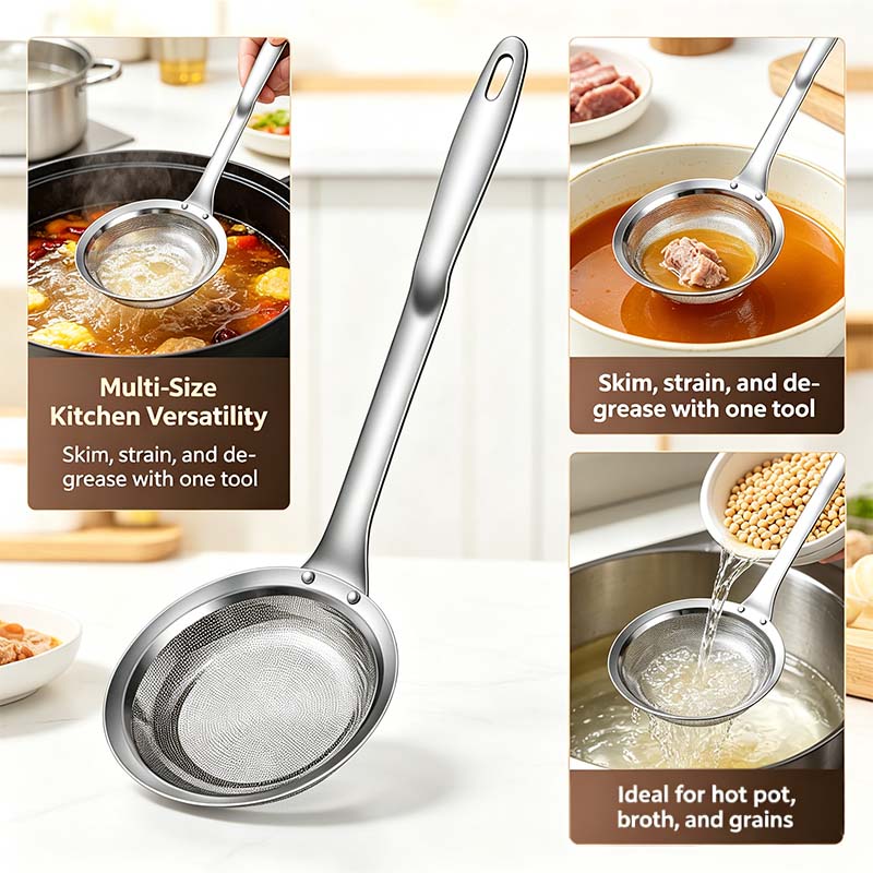 2-Piece Stainless Steel Fine Mesh Skimmer Spoons, Multi-Size Pot Fat Skimmers