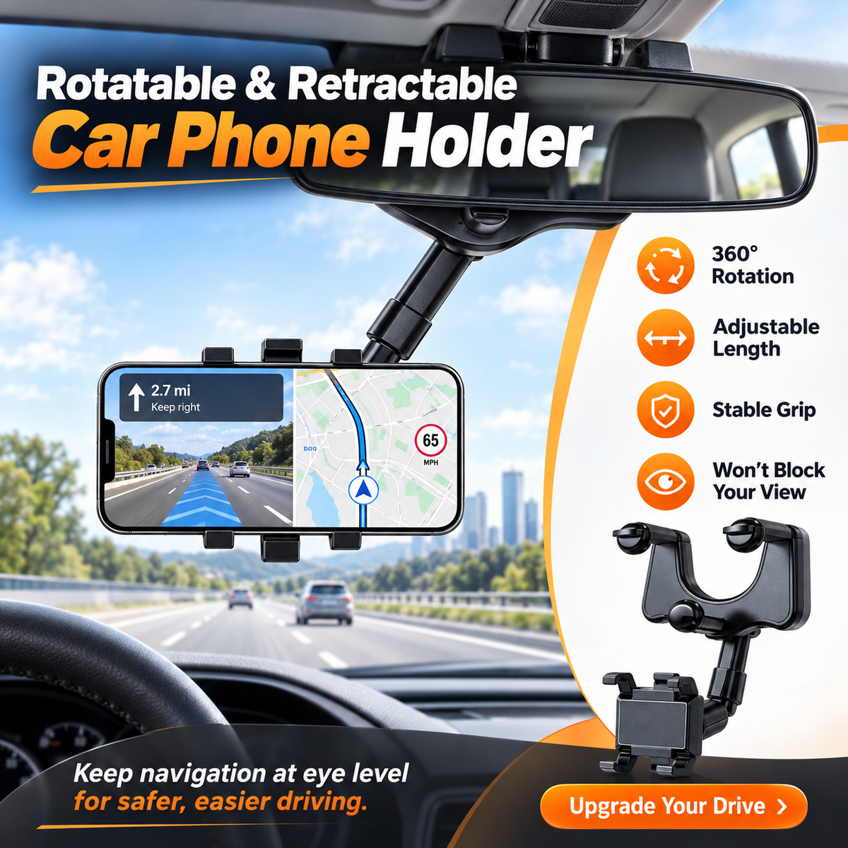 360 Rotatable and Retractable-Car Rearview Mirror Phone Holder