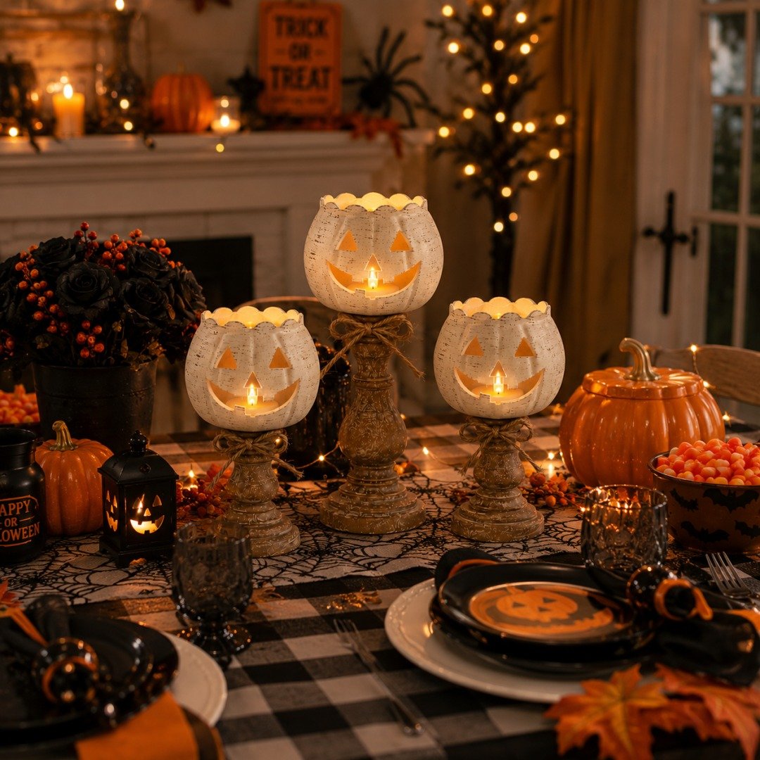 Rustic White Pumpkin Tealight Candle Holder Set